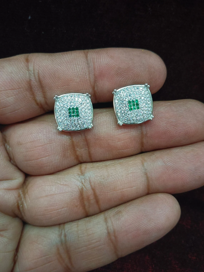 Square Shaped American Diamond Studs with Green Stones