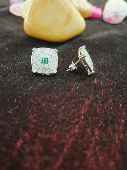 Square Shaped American Diamond Studs with Green Stones