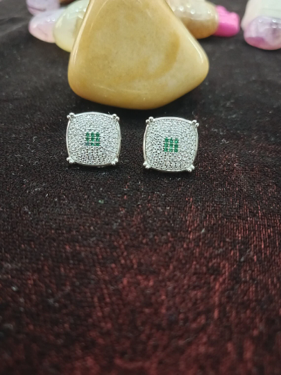 Square Shaped American Diamond Studs with Green Stones