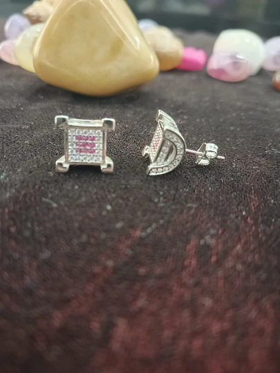 Exquisite 925 Sterling Silver Handmade CZ Stud Earrings with Pink Imitation Stones