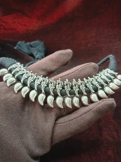 925 Solid Silver Necklace - Handmade Oxidized Adjustable Kanthi Necklace