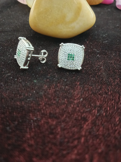 Square Shaped American Diamond Studs with Green Stones