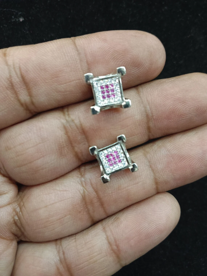 Exquisite 925 Sterling Silver Handmade CZ Stud Earrings with Pink Imitation Stones