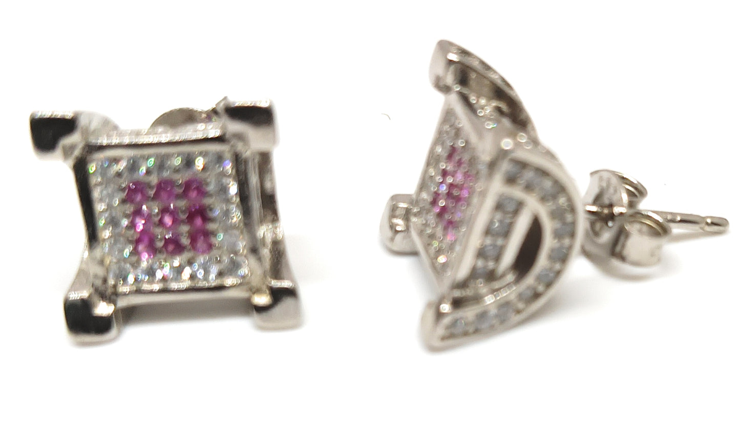 Exquisite 925 Sterling Silver Handmade CZ Stud Earrings with Pink Imitation Stones